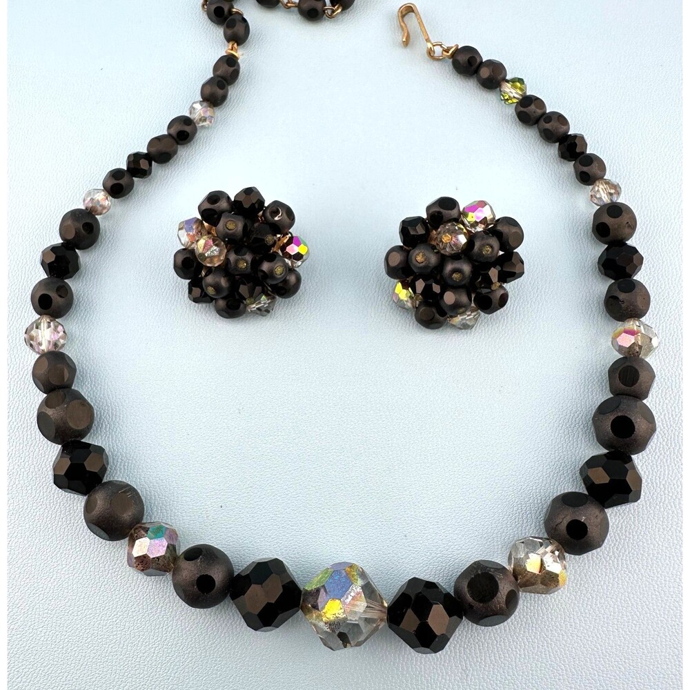Vintage Laguna Necklace Earrings Set Matte Black AB Faceted Glass Bead Cluster